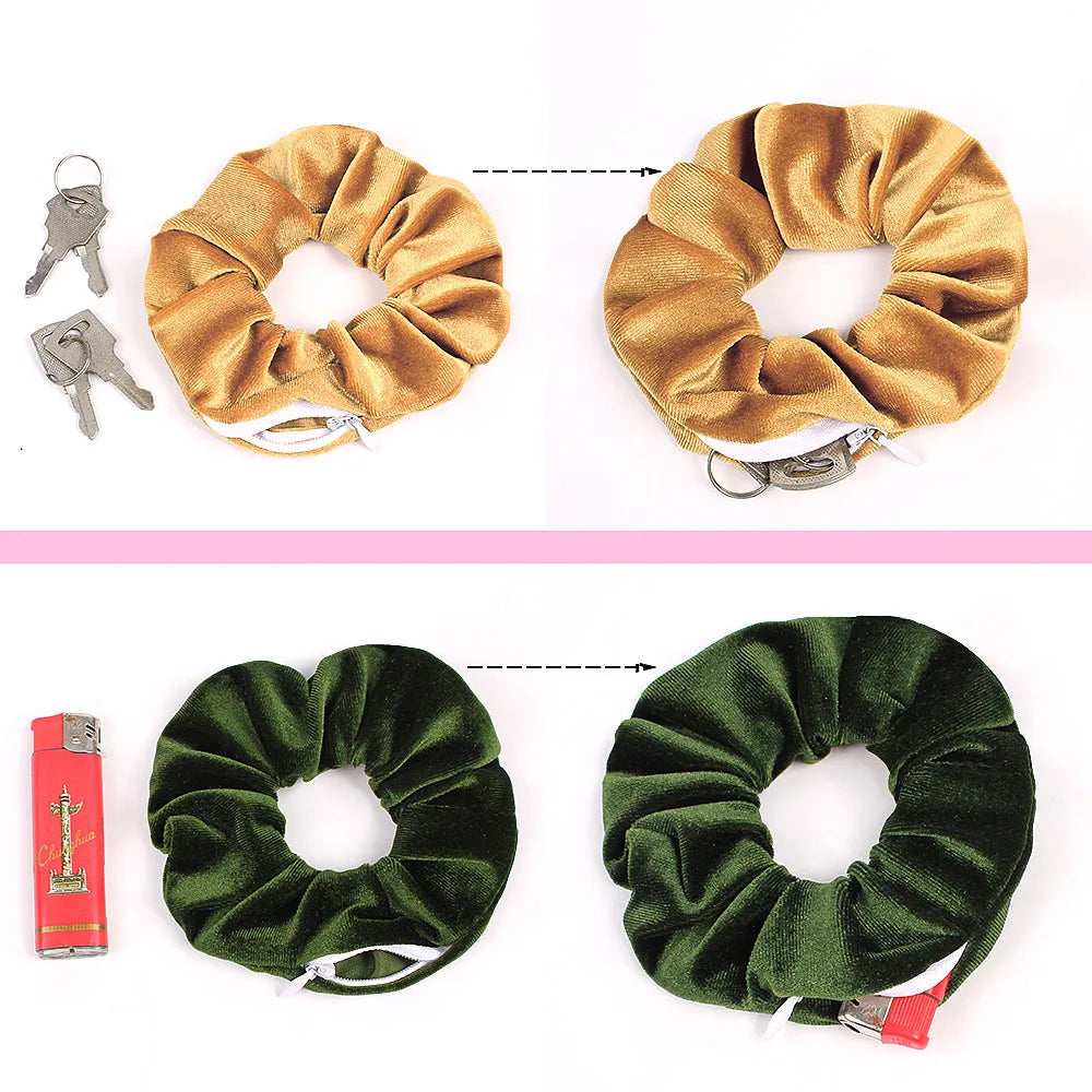 Portable Hidden Safe Sight Secret Hair Tie Storage Case Hair Scrunchie with Zipper Hide Key Cash Jewelry for Travel Outdoor