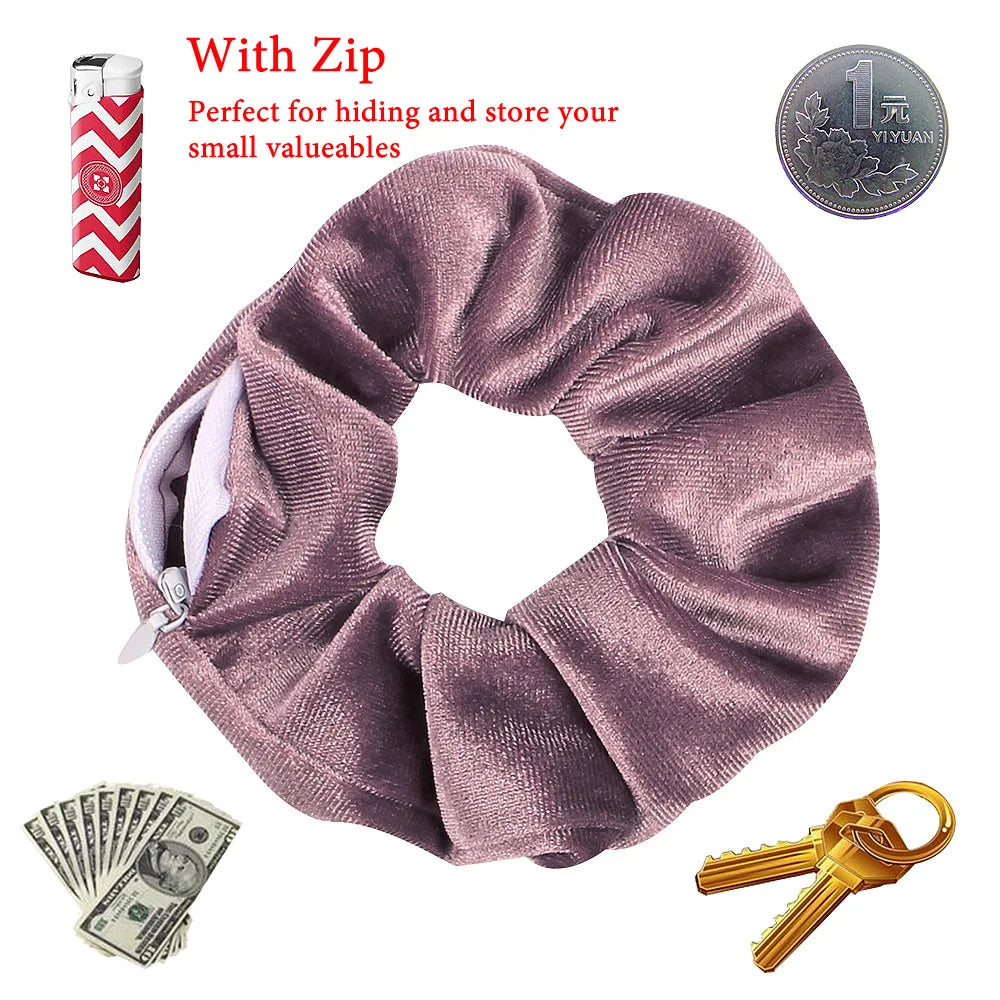 Portable ⁣Hidden Safe Sight Secret Hair Tie Storage Case Hair Scrunchie with Zipper Hide Key Cash Jewelry for Travel Outdoor